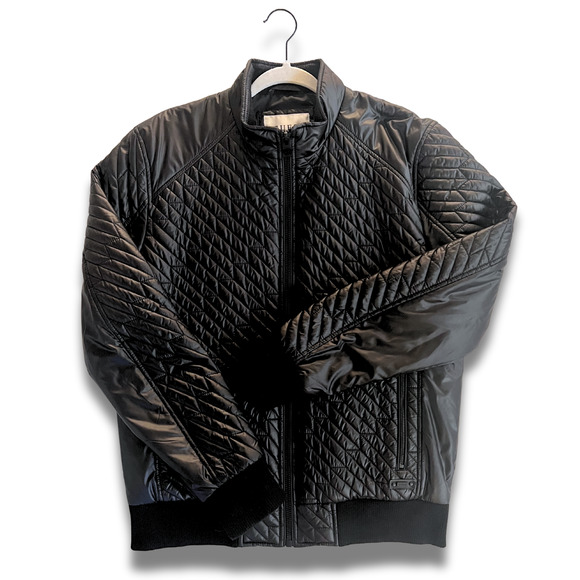 Guess Quilted Bomber Jacket Men’s Large – Black Lightweight Zip-Up Moto Puffer - Picture 1 of 6